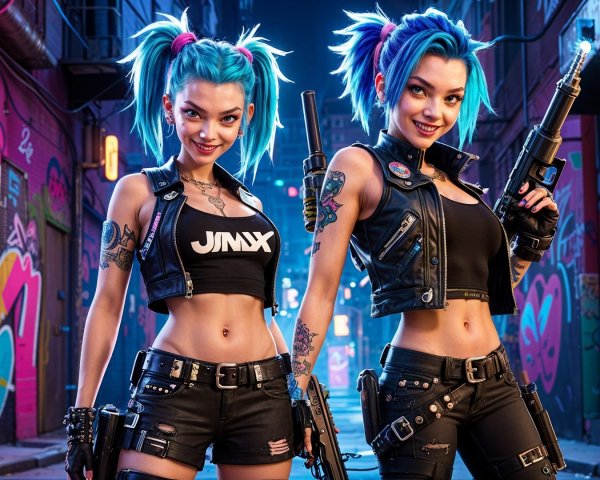 Futuristic urban alley with graffiti and stylized characters