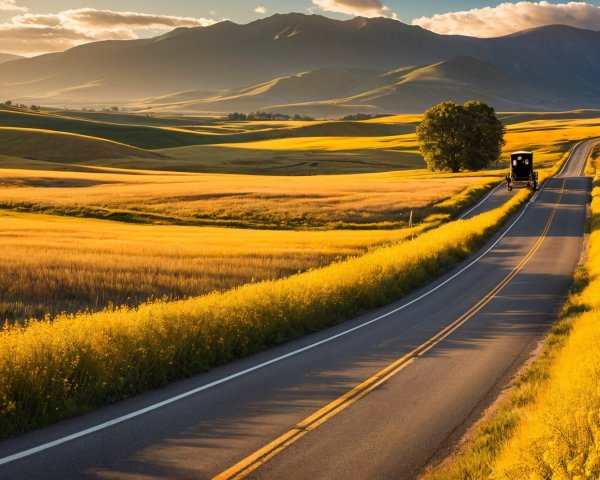 Scenic Countryside Landscape with Winding Road and Carriage