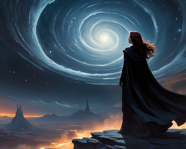 Cloaked Figure Overlooking Cosmic Vortex and Mountains