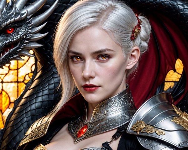 Female warrior in silver armor with black dragon backdrop