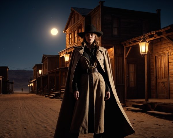 Mysterious Figure in a Moonlit Western Town Scene