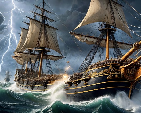 Dramatic Battle Between Tall Ships on Stormy Seas