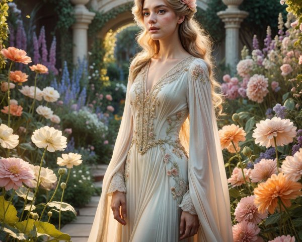 Young Woman in Elegant Gown in Blooming Garden