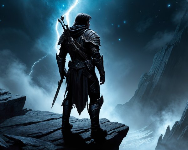 Solitary Warrior on Rocky Ledge Under Stormy Sky