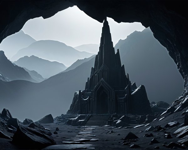 Gothic temple in a dimly lit cave with carvings