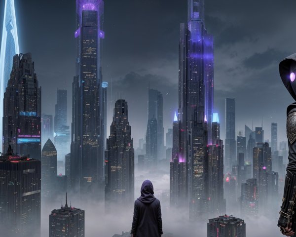 Futuristic cityscape with neon lights and cloaked figures