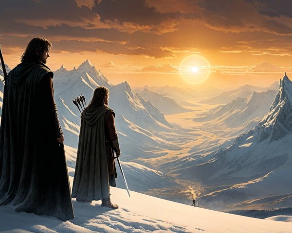 Cloaked Figures in a Mountain Sunset Landscape