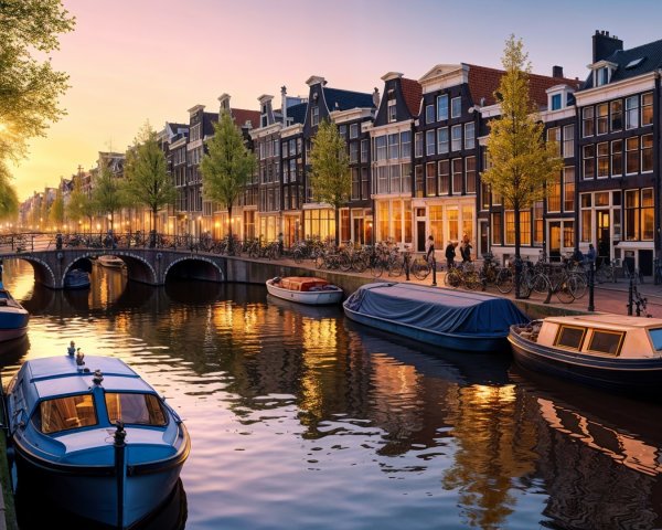 Twilight Canal Scene with Dutch Architecture and Boats