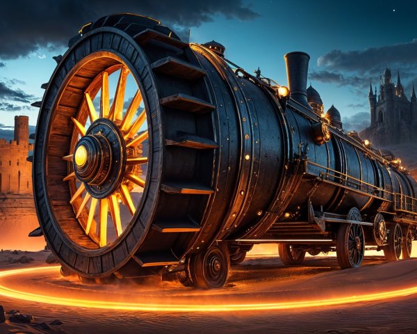Steampunk Locomotive with Glowing Wheel at Twilight