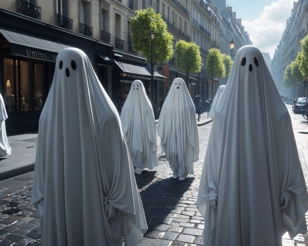 Quiet European Street with Ghostly Figures and Trees