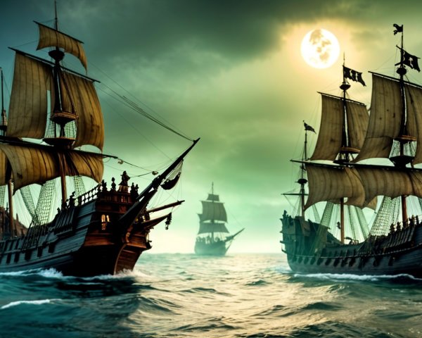 Dramatic Seascape with Tall Ships and Moonlit Sky