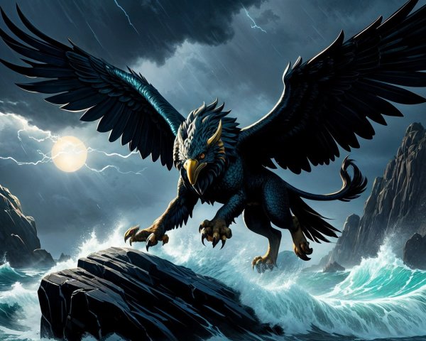 Griffin on Rocky Outcrop Under Stormy Sky