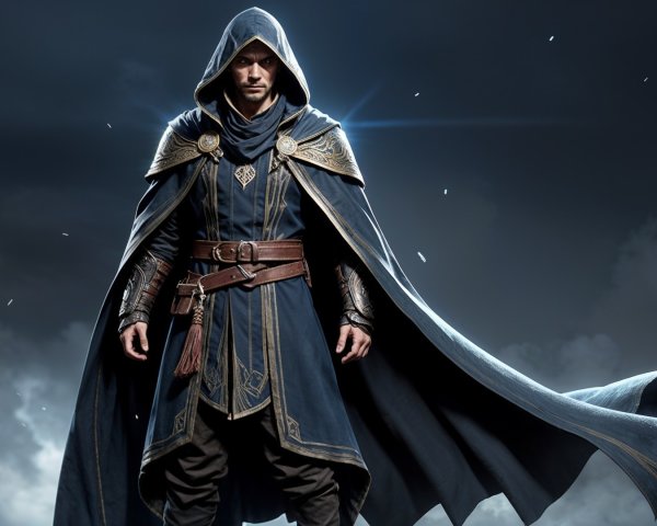 Cloaked Figure in Blue Robe Against Dark Background