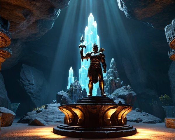 Statue of a Warrior in a Mystical Cavern Setting