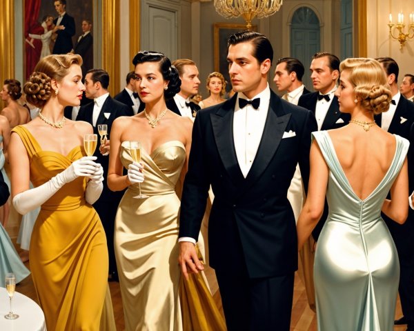 Elegant Ballroom Gathering with Vintage Attire