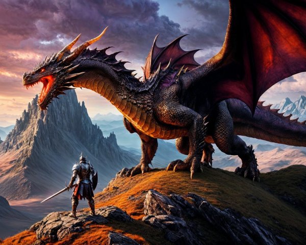 Dragon and Knight in Fantasy Landscape at Sunset
