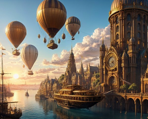 Fantastical Cityscape with Steampunk Elements at Sunset