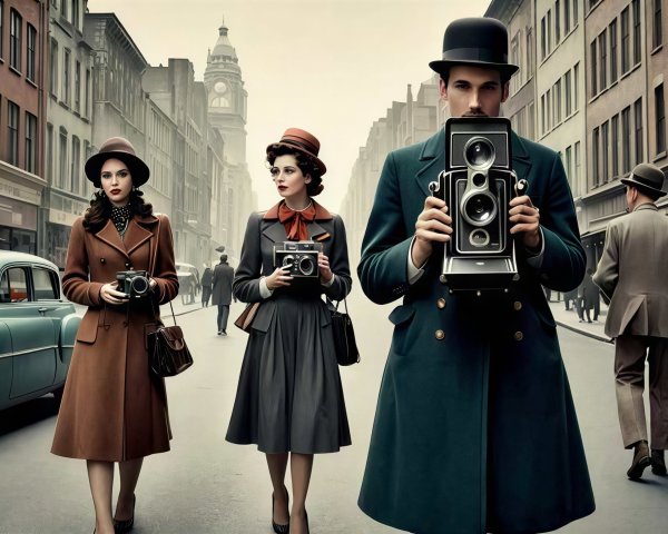 1940s Street Scene with Vintage Car and Three People