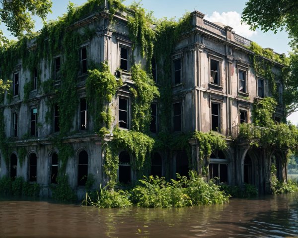 Dilapidated Two-Story Building in Overgrown Landscape