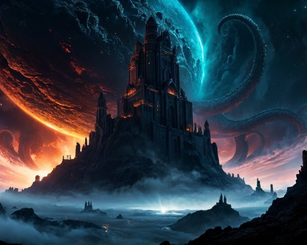 Mystical fortress in dark landscape with cosmic backdrop