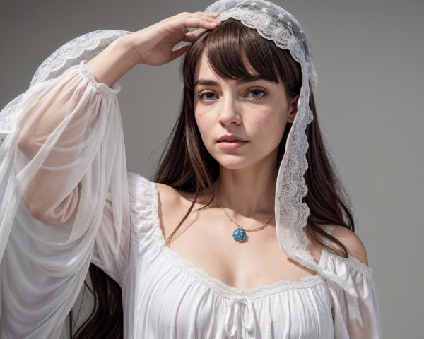 Young woman in white dress with lace and blue pendant