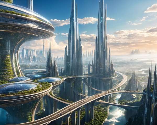 Futuristic cityscape with skyscrapers and greenery