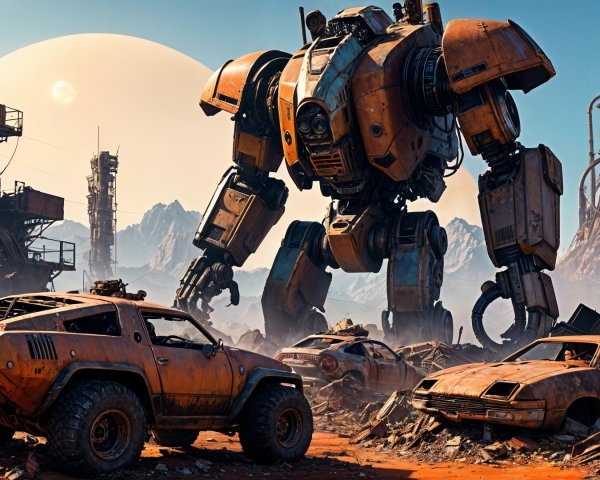 Colossal Orange Mech in Post-Apocalyptic Landscape