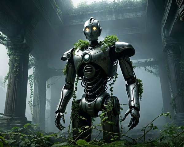 Humanoid Robot in Overgrown Ancient Ruins