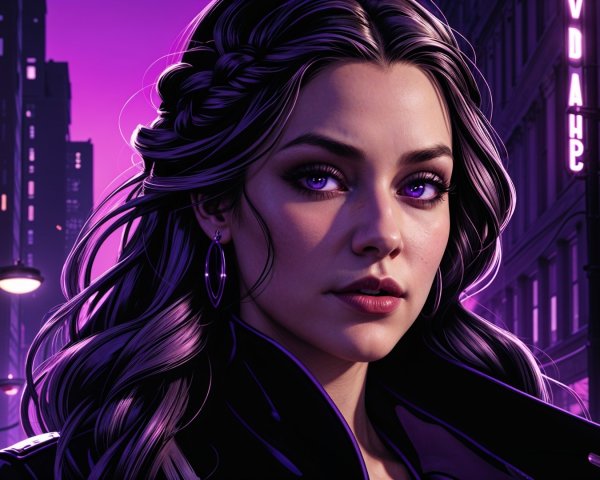 Portrait of a Woman with Long Hair in Neon City Lights