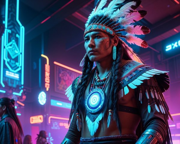 Native American Man in Futuristic Cyberpunk Setting
