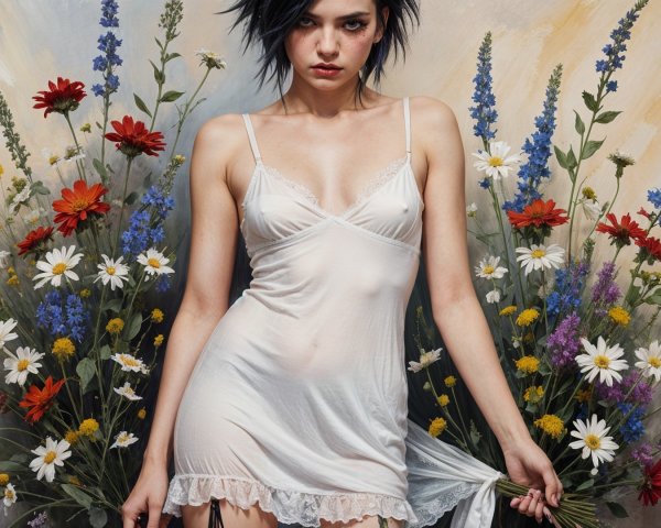 Young Woman in White Dress Amidst Colorful Wildflowers