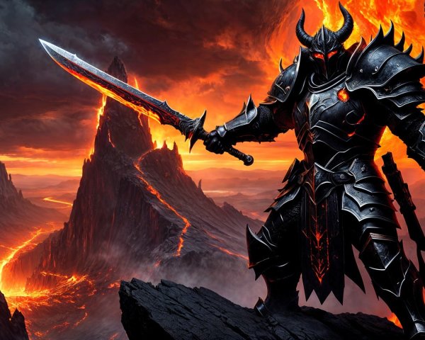 Warrior in Black Armor Against Lava Landscape