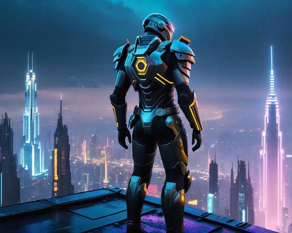 Futuristic Cyborg Overlooking Neon Cityscape at Night