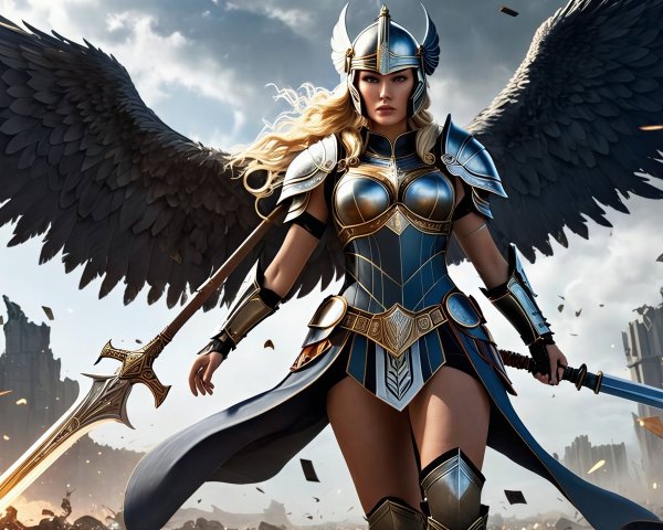 Angelic Fantasy Warrior in War-Torn Landscape