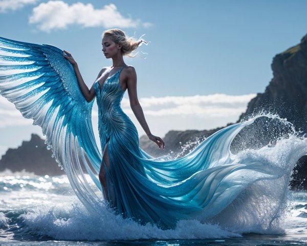 Elegant figure in gown resembling wings by the ocean