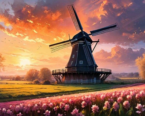 Classic Windmill Landscape at Vibrant Sunset Sky