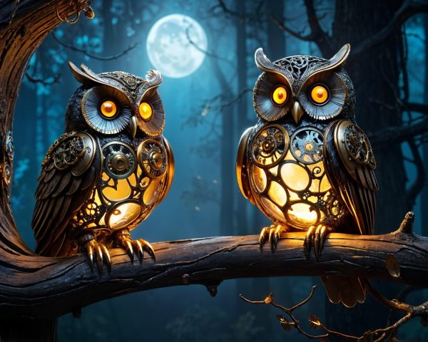 Mechanical Owls in a Mystical Forest Under Moonlight