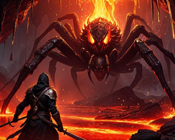 Giant Spider in Lava Cave with Cloaked Figure and Axe