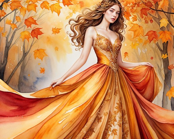 Autumn Forest Scene with Woman in Flowing Gown