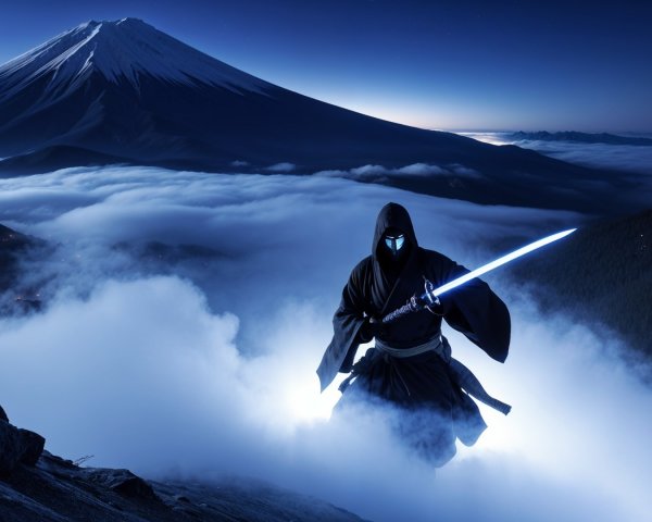 Mysterious Figure with Glowing Sword at Mount Fuji