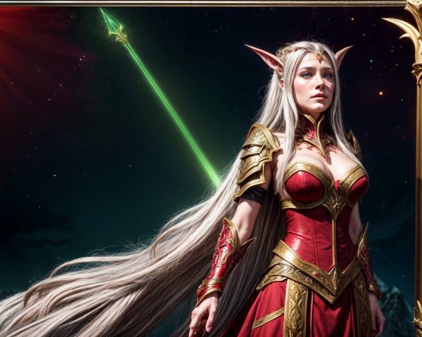 Fantasy Character in Red Armor Against Cosmic Backdrop