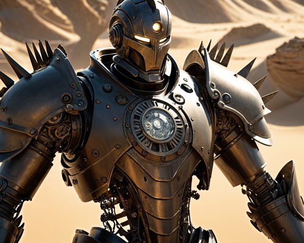Towering Robot in Vast Desert Landscape with Gears