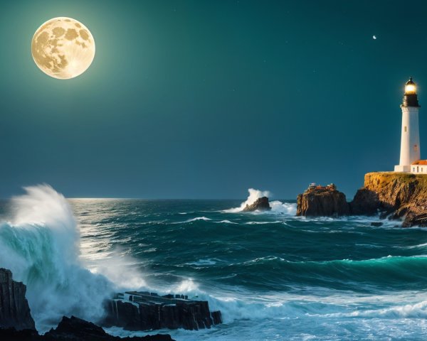 Lighthouse on Cliff with Moonlit Coastal Landscape