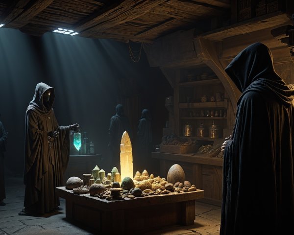 Cloaked Figures in Rustic Chamber with Mystical Artifacts