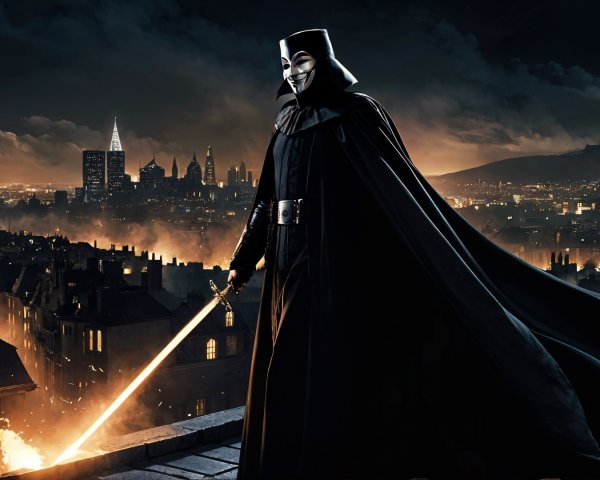 Cloaked Figure with Glowing Sword on Rooftop at Night