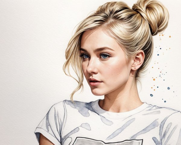 Blonde Woman in Casual T-Shirt with Watercolor Background