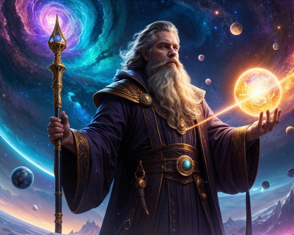 Bearded wizard in cosmic landscape with glowing orb