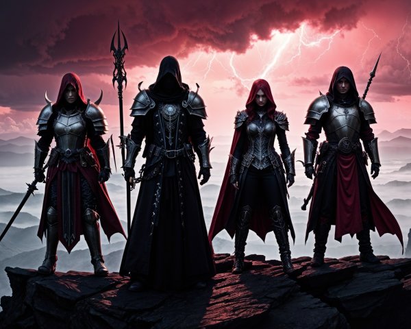 Four Armored Figures on Rocky Outcrop with Stormy Sky
