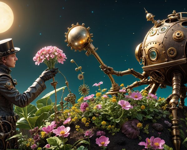 Whimsical Steampunk Landscape with Robot and Flowers