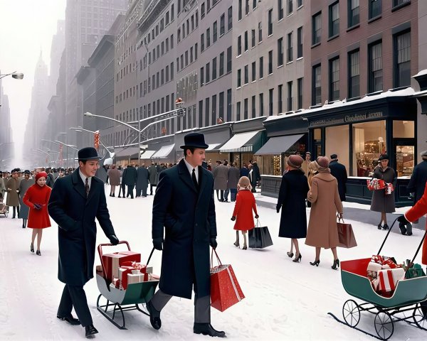 Snowy City Street with Vintage Architecture and Pedestrians